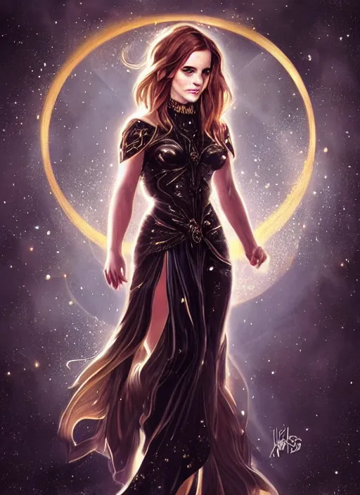 Prompt: emma watson as dark magic celestial, long hair, black, gold and (((transparent))) cloth, space, D&D, shiny background, intricate, elegant, highly detailed, digital painting, artstation, concept art, smooth, sharp focus, illustration, artgerm, bouguereau