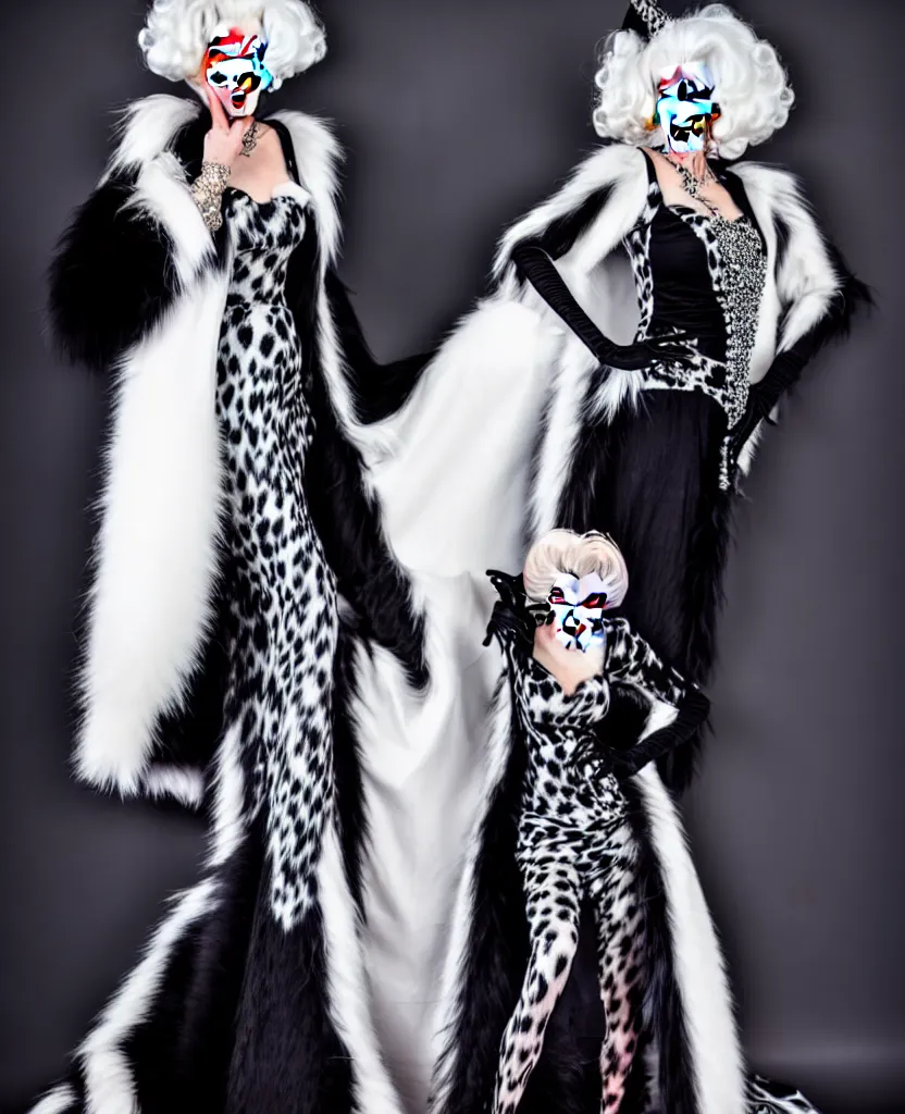 Image similar to cruella in a stunning dress posing for photographers