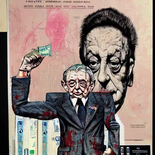 Image similar to George Soros full body shot, dollar bills Body horror, biopunk, by Ralph Steadman, Francis Bacon, Hunter S Thompson