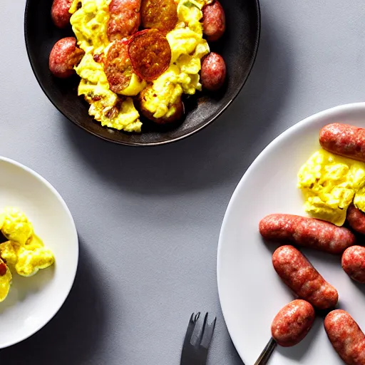 Image similar to bacon sausages scrambled eggs, hyper realistic, award winning food photography