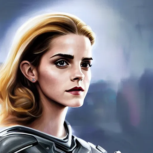 Image similar to A combination of Emma Watson's and Grace Kelly's and Ashley Greene's appearances with blonde hair wearing Master Chief's armor, high tech, action shot, angular, full body portrait, futuristic, dramatic, fantasy, intricate, elegant, highly detailed, digital painting, artstation, concept art, matte, sharp focus, illustration, art by Donato Giancola and James Gurney