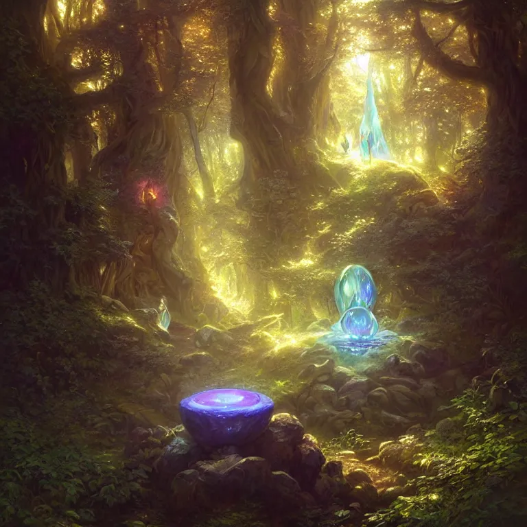 Image similar to Fantasy Magical fairy-tale glowing stone portal in the forest. Round stone portal teleport in trees to other worlds. Fantastic landscape. Magic Altar in the fores, highly detailed, digital painting, concept art, smooth, sharp focus, illustration, art by greg rutkowski and alphonse mucha