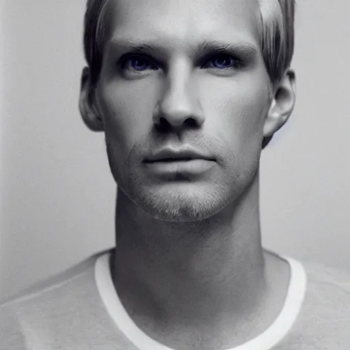 Image similar to full face color photograph of a 40 year old very handsome white man with very short, wavy, light blond hair and very small slanted blue eyes, dressed in a white t shirt, gray shorts and black socks, with very thin lips, with a straight nose and blond stubble on his oval face, and pale skin. He resembles a lion.