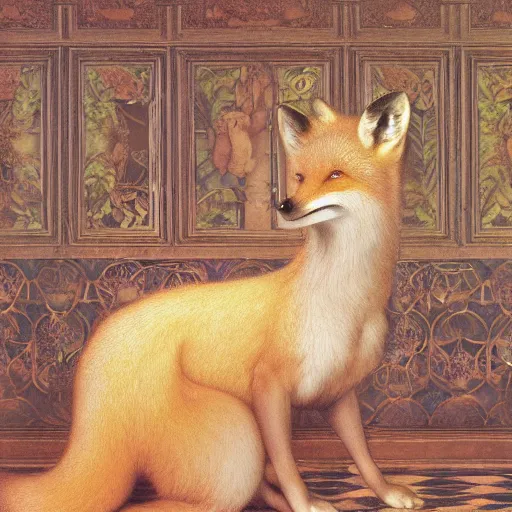 Image similar to hyperrealistic detailed candle fox in baroque painting, lights, art by ernst haeckel, john william godward, hammershøi, alphons mucha, pontormo, ornamental, decorative, art nouveau wallpaper, lights by hopper, pastel deep colours,