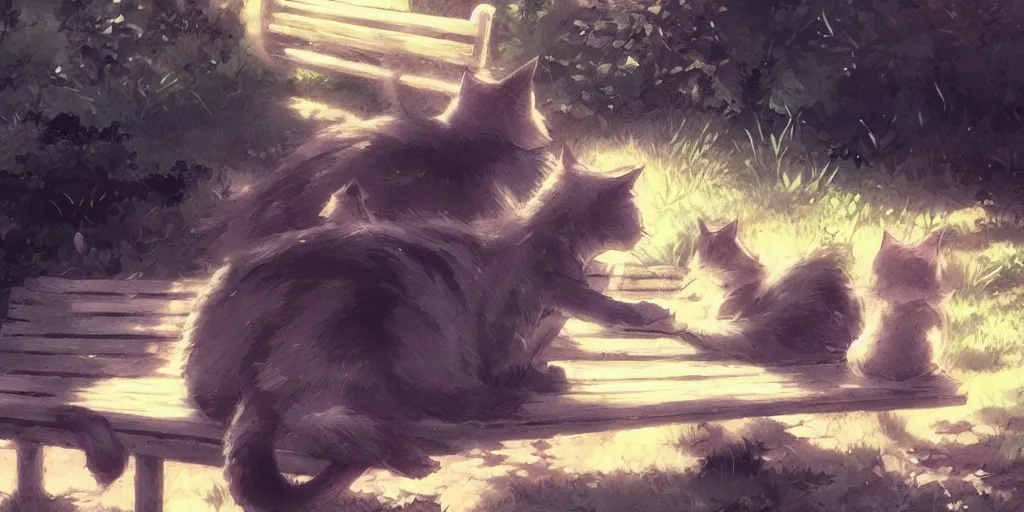 Prompt: several cats sitting on a bench, close up shot, anime art, Greg Rutkowski, studio ghibli, dramatic lighting