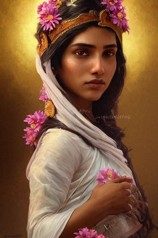 Image similar to ultra realistic illustration, indian girl with flowers blossoming from helmet, elegant, highly detailed, digital painting, concept art, smooth, sharp focus, illustration, art by artgerm and greg rutkowski and alphonse mucha