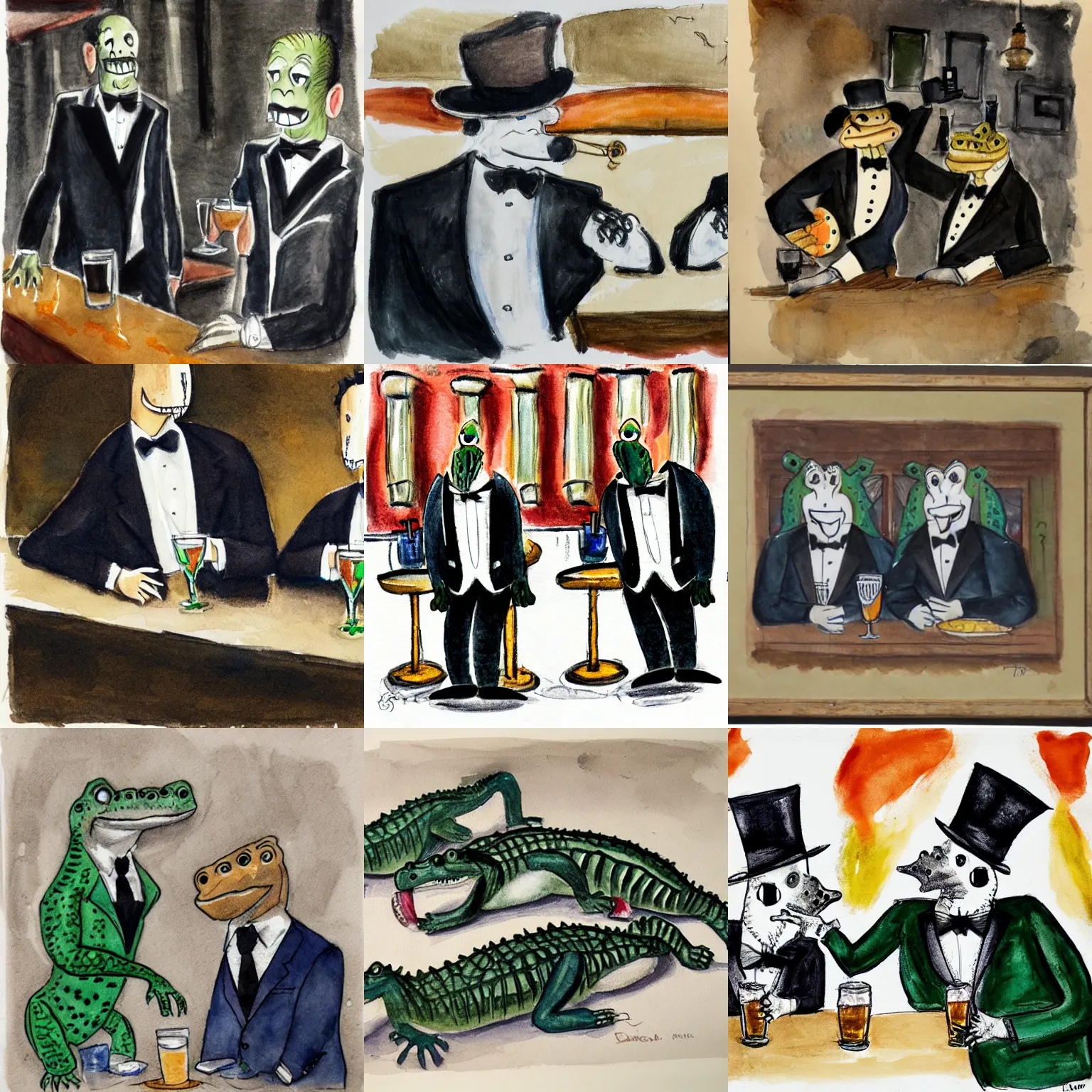 Prompt: two crocodiles at a bar, wearing a tuxedo, aquarelle