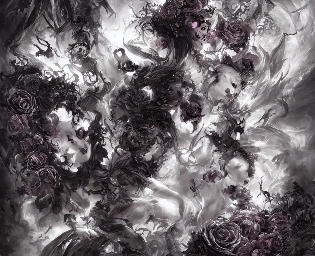 Image similar to a chaotic goddess of death skull black rose s day of the dead atmospheric, dramatic, concept art by a professional manga illustrator, Stanley Artgerm Lau, WLOP, Rossdraws, James Jean, Andrei Riabovitchev, Marc Simonetti, and Sakimichan hyperrealist, cinema4D, 8k highly detailed ❤️‍🔥 🔥 💀 🤖 🚀