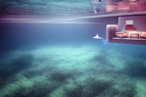 Prompt: a living room under water