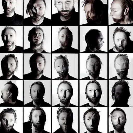 Image similar to versions collage, hyper realistic, many variations of thom yorke, very old, face variations, various emotions, various poses, high quality, brush stroke