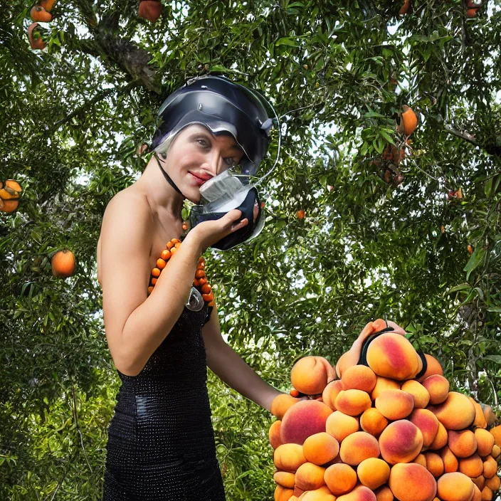 Image similar to a closeup portrait of a woman in a scuba helmet, wearing a dress made of beads, picking peaches from a tree, color photograph, by vincent desiderio, canon eos c 3 0 0, ƒ 1. 8, 3 5 mm, 8 k, medium - format print