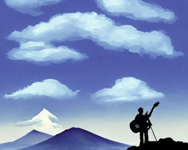 Image similar to A silhouette figure of a man with a guitar obscured by clouds that look like mountains high in the sky, the clouds are a deep blue purple color with the sun blazing behind the clouds, deep focus, D&D, fantasy, intricate, elegant, highly detailed, digital painting, artstation, concept art, matte, sharp focus, illustration, hearthstone, art by Artgerm and Greg Rutkowski and Alphonse Mucha