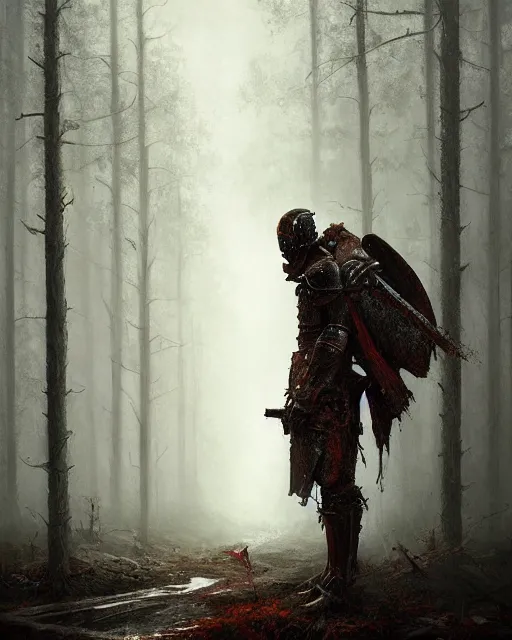 Image similar to Hyper realistic painting of a knight in full plate armor that has completely turned to rust, hyper detailed, surrounded by a dark forest, fog, moody, creepy, cinematic lighting, by greg rutkowski, trending on artstation