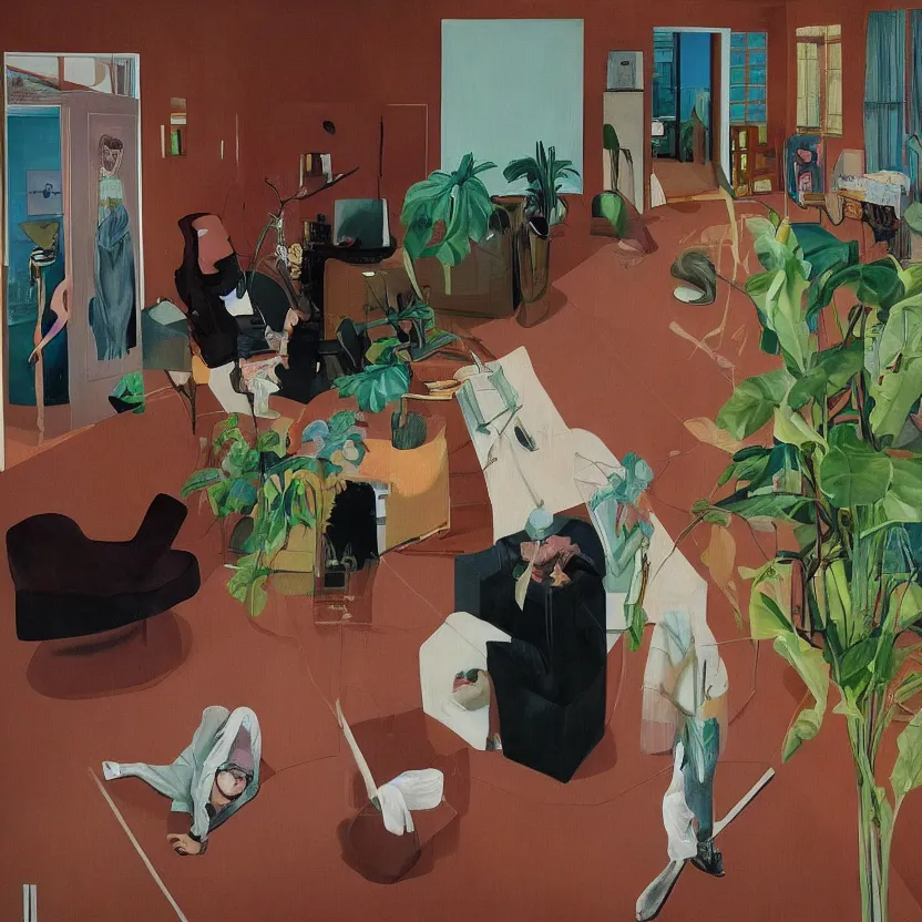 Prompt: One woman feeling lost in a living room of a house, There is one living room plant to the side of the room, surrealism painting by francis bacon and martine johanna