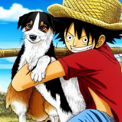 Image similar to luffy from one piece with an australian shepard, by eiichiro oda