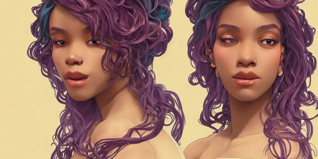 Image similar to beautiful black woman with gorgeous pastel balayage hairstyle, as seen on artgerm, octane render, in the style of alphonse mucha, ultra realistic, highly detailed, 8 k