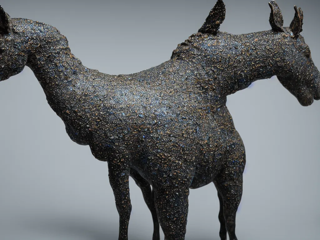 Prompt: a photo-real glazed ceramic sculpture of a mule, standing in an ocean of bubbly water, micro detail, backlit, studio light