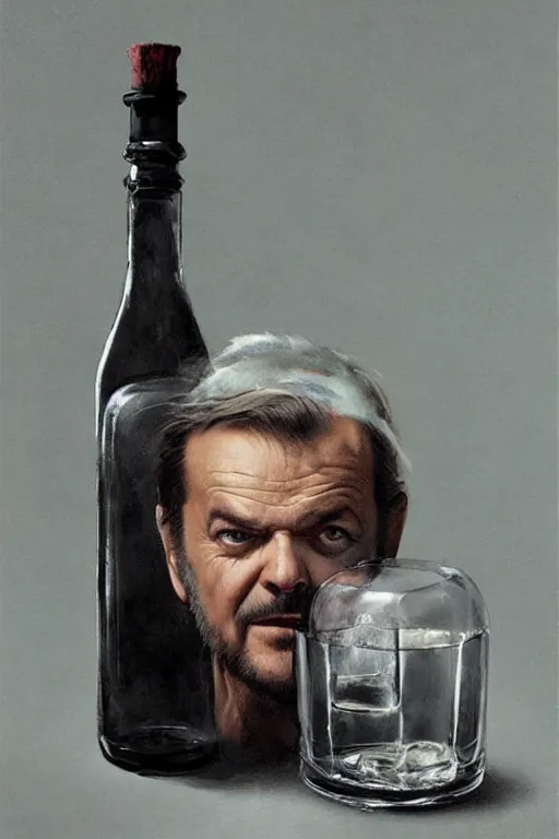 Prompt: imagine a ship in a bottle but instead of a ship a young jack nicholson is in the bottle, jack nicholson, fancy whiskey bottle, masterpiece painting by greg rutkowski