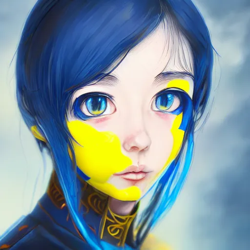 Image similar to a portrait of anime ukrainian blue and yellow girl, concept art, trending on artstation, highly detailed, intricate, sharp focus, digital art, 8 k