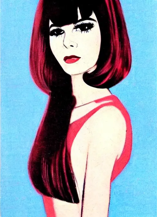 Image similar to portrait 1 9 6 0 s beautiful mod girl, long straight 6 0 s hair with bangs, wearing velvet, vampire, glam, groovy, by brom