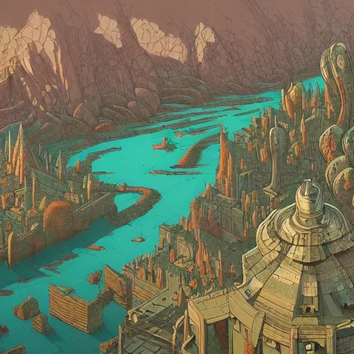 Image similar to cell shaded adult animation, a birds eye view overlooking a walled off ancient fantasy city being attacked by horrific monsters, surrounded by mountains and trees of greens and browns, rivers, concept art by josan gonzales and wlop, Laurie Greasley, Jordan Grimmer, Beksiński and james jean, highly detailed, sharp focus, Trending on Artstation, HQ, deviantart, art by artgem