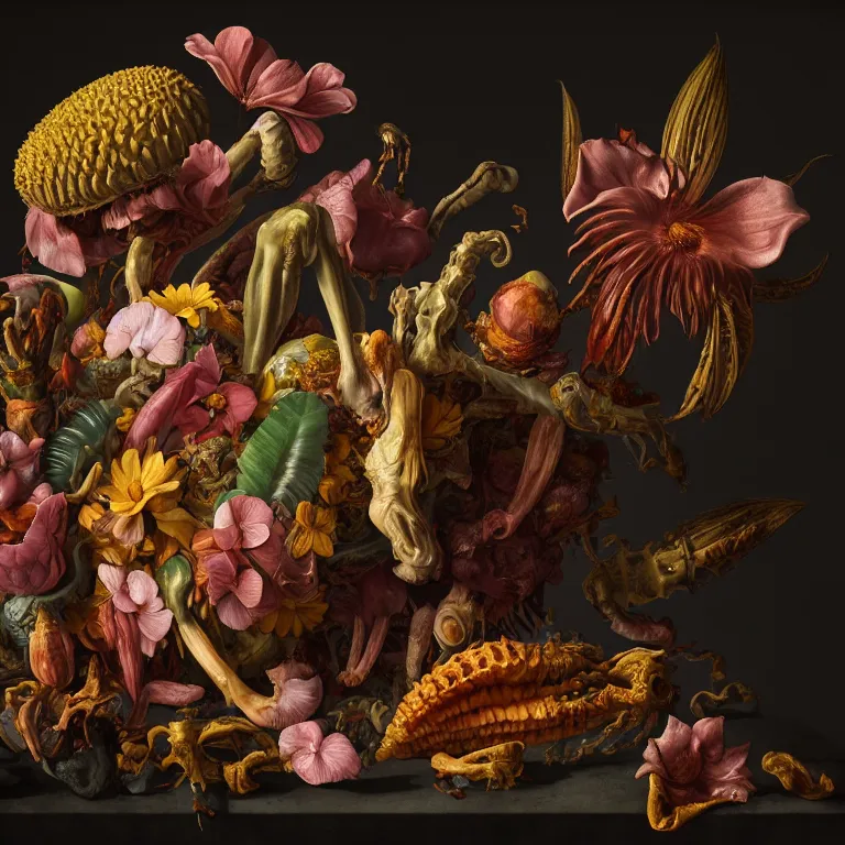 Image similar to still life of rotten flesh, beautiful tropical flowers, human spine, colorful mold, baroque painting, beautiful detailed intricate insanely detailed octane render, 8K artistic photography, photorealistic, chiaroscuro, Raphael, Caravaggio