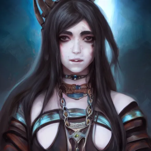 Prompt: portrait of a female berber mage, devil horns and black hair in a ponytail wearing a steel chestplate in a desert, half body, single subject, ambient lighting, highly detailed, digital painting, trending on pixiv fanbox, studio ghibli, extremely high quality artwork, art by ross tran and artgerm and makoto shinkai