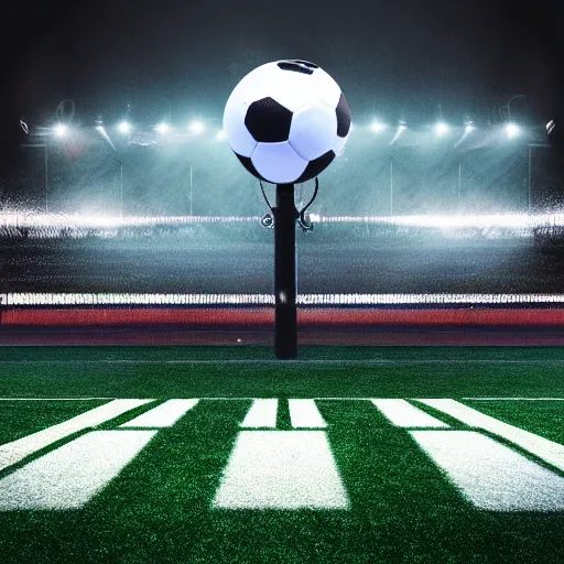 Prompt: nft card with a football on a football field with stadium light, epic, hyper realistic, volumetric lighting, award winning sports photography