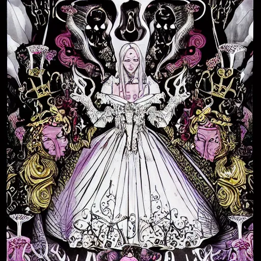 Image similar to the satanic bride looking very sophisticated and hypermaximalist at her baroque wedding reception banquets as she feasts among the many archdemons