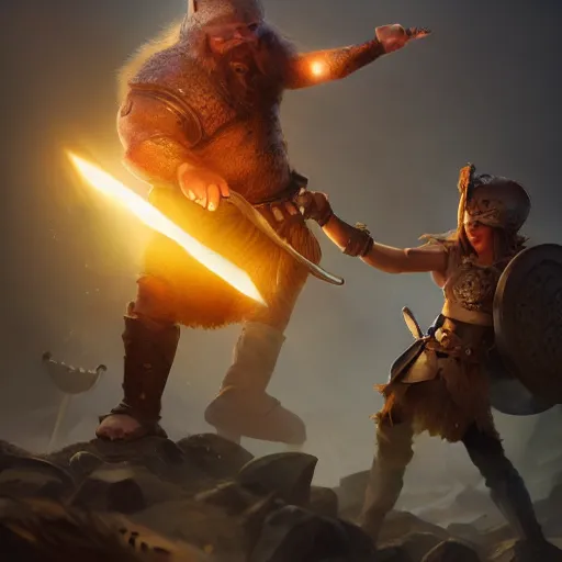 Image similar to viking battle toast, a slice of toasted bread with a face, arms and legs, holding a sword, cute, pixar, volumetric lighting, dynamic composition, fantasy, hyper detailed, ultra realistic, sharp focus, octane render, concept art by ruan jia and heng z and artem