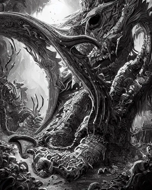 Image similar to a monster treasure chest, black and white, fantasy art, monster art, illustration, fantasy, intricate, hyper detailed, artstation, concept art, smooth, sharp focus, ray tracing