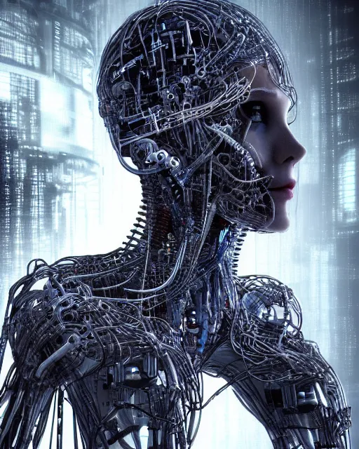 Image similar to portrait photo of a biomechanical torso of an elegant cyborg plugged into a quantum computer with cables and wires and optic fibers. cyberpunk horror style. art by luis royo. highly detailed 8 k. intricate. nikon d 8 5 0 5 5 mm. award winning photography.