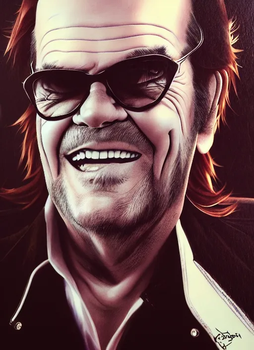 Prompt: a potrait of jack nicholson clothed in vinyl and leather as an anime, fine, realistic, shaded, lighting, ilya, kuvshinov, katsuhiro, artgerm, jeremy, lipkin, michael, garmash, unreal, engine, 5, radiant, light, detailed, intricate, environment