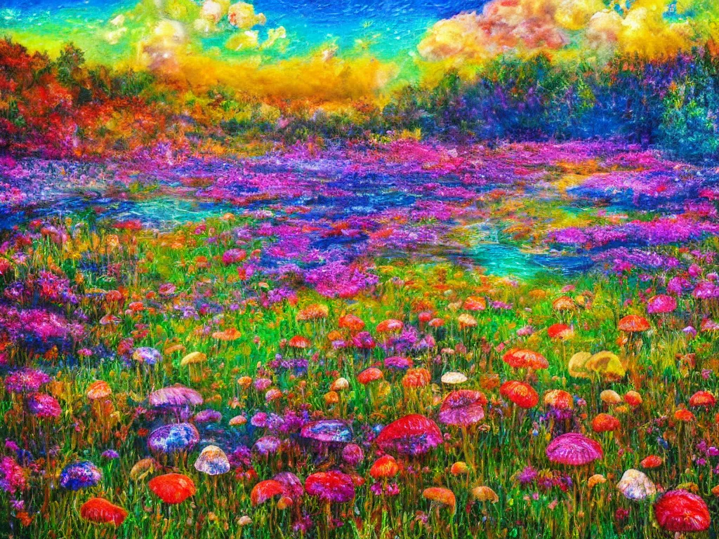 Image similar to an impressionist painting of a gorgeous meadow filled with colorful mushrooms with a stream flowing through it, psychedelic colors, colorful sky in background, high detail, trending on artstation