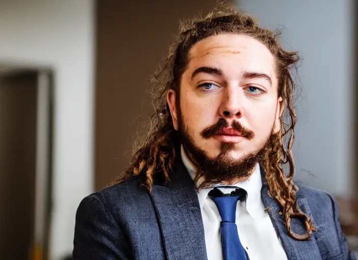 Prompt: dslr photo still of post malone as a stock broker, 8 k, 8 5 mm f 1 6