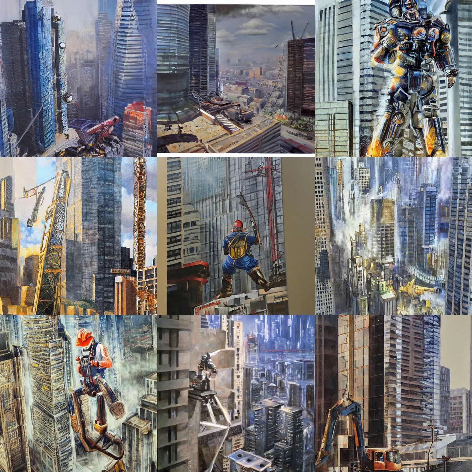Prompt: hyper realistic painting of driller from transformer drilling through a skyscraper by james gurney