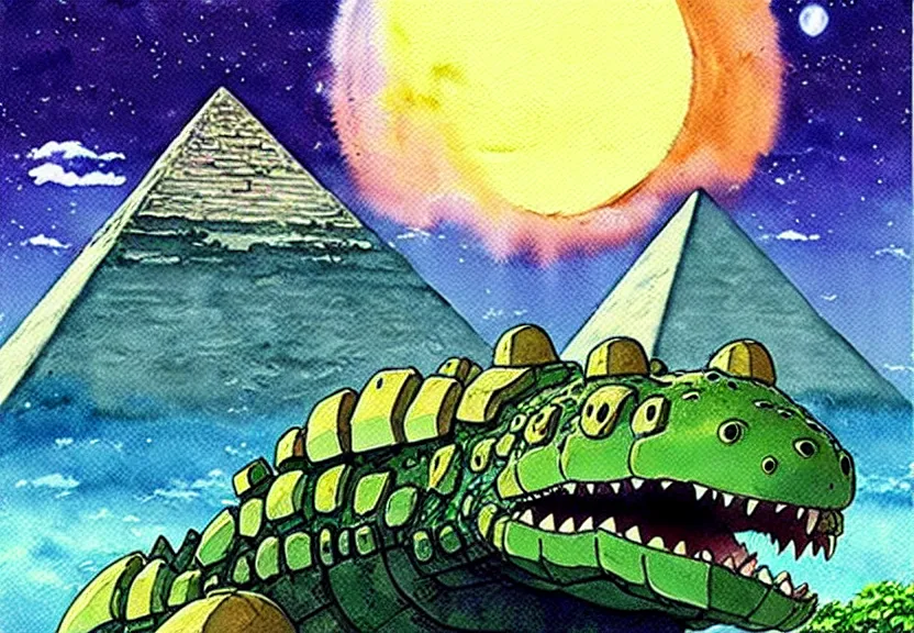 Image similar to a hyperrealist watercolor concept art from a studio ghibli film showing a giant mechanized crocodile from howl's moving castle ( 2 0 0 4 ). a pyramid is under construction in the background, in the rainforest on a misty and starry night. a ufo is in the sky. by studio ghibli