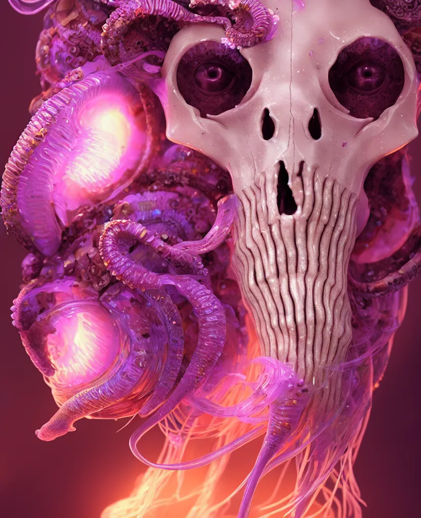 Image similar to goddess princess face close-up portrait ram skull. jellyfish phoenix head, nautilus, orchid, skull, betta fish, bioluminiscent creatures, intricate artwork by Tooth Wu and wlop and beeple. octane render, trending on artstation, greg rutkowski very coherent symmetrical artwork. cinematic, hyper realism, high detail, octane render, 8k