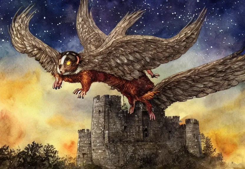 Image similar to legendary fire winged possum flying over a medieval forest castle at night under the dark starred sky, dark fantasy, watercolor, dreaming illusion, highly detailed, 4k, trending on Artstation