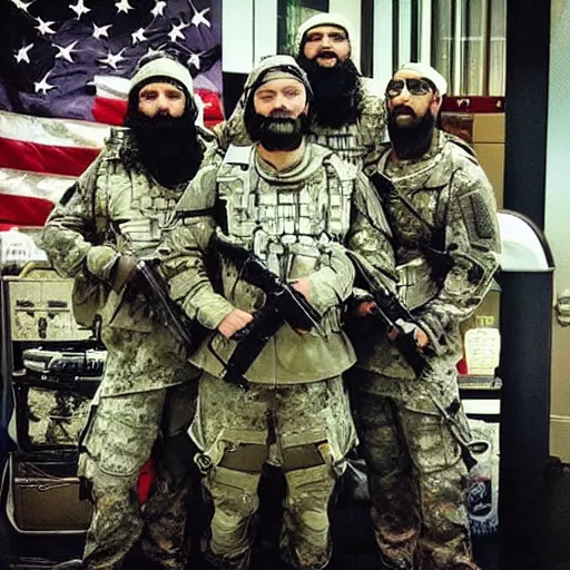 Prompt: “ seal team uniformed founding fathers, posing for an awarding winning photo of osama bin ladin, ultra realist, tactical gear, cyber punk ”