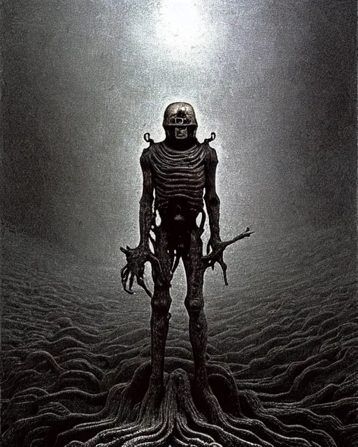 Image similar to full-body creepy realistic illustration central composition, a decapitated soldier with futuristic elements. he welcomes you into the fog with no head, dark dimension, empty helmet inside is occult mystical symbolism headless full-length view. standing in ancient gate eldritch energies disturbing frightening eerie, award-winning digital artwork by Salvador Dali, Beksiński, Van Gogh and Monet.