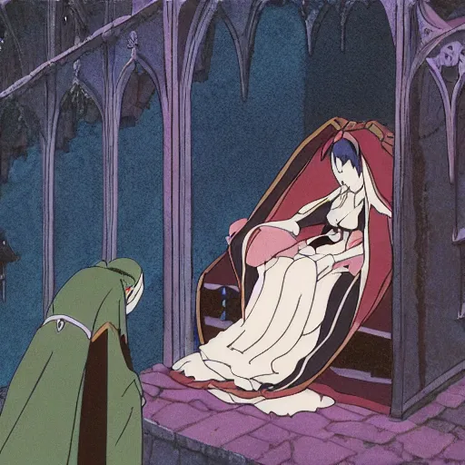 Prompt: gothic vampire maidservant watches elder wizard sleep, Studio Ghibli animation cel, high-definition