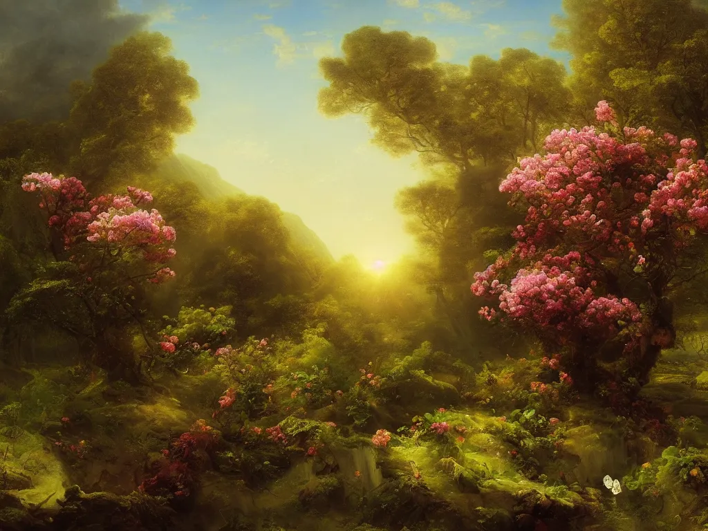 Image similar to 3d render, Sunlight Study, Springtime in Kauai by Jan Davidsz de Heem and Rachel Ruysch ((((((((Ivan Aivazovsky)))))))) and (((Lisa Frank))), Art Nouveau, 8k, extreme detail, sharp focus, octane render