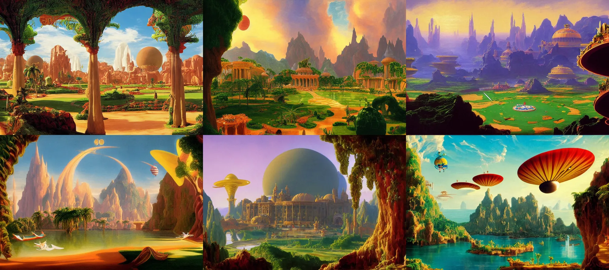 Prompt: theed naboo in the style of dr. seuss, starships, painting by thomas cole
