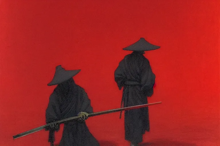 Image similar to only with red, a red samurai harakiri, tokio, a lot of frogs watch, in the style of beksinski, parts by edward hopper, parts by rodcenko, parts by yue minjun, intricate and epic composition, red by caravaggio, insanely quality, highly detailed, masterpiece, red light, artstation, 4 k