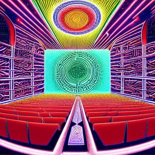 Image similar to highly detailed optical illusion of an auditorium filled with magical energy by mad dog jones and alex grey