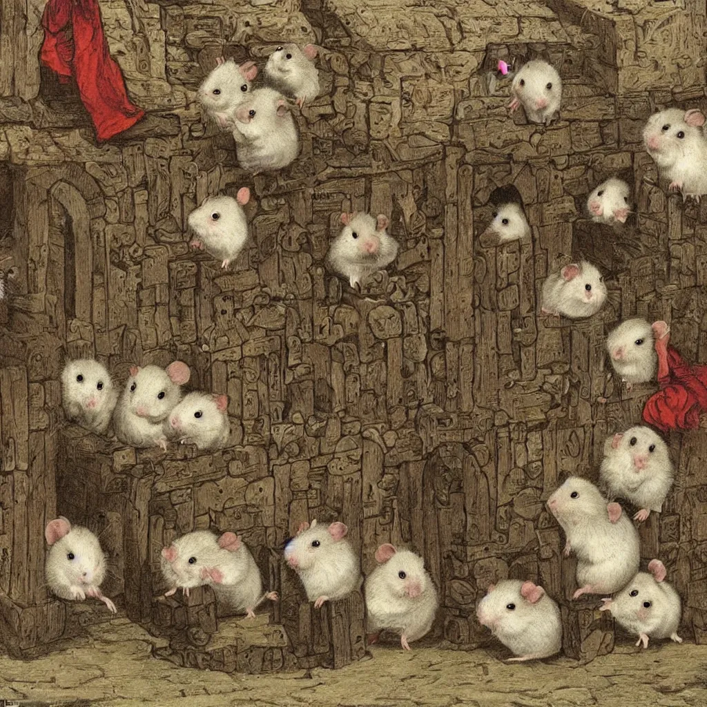 Prompt: a hamster in a medieval stockade, in the town square, crowd of angry hamsters surrounding, 1 2 th century europe theme