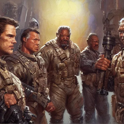 Image similar to Henry Cavill, Arnold Schwarzenegger and Morgan Freeman as soldiers, closeup character art by Donato Giancola, Craig Mullins, digital art, trending on artstation