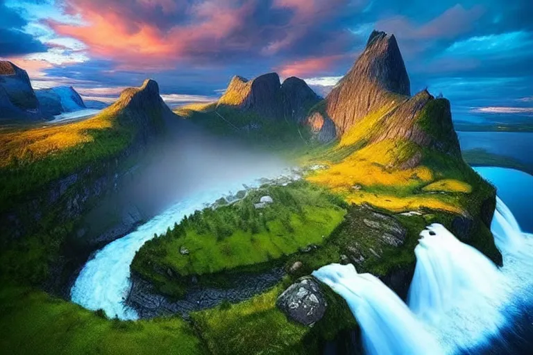 Image similar to Gediminas Pranckevicius amazing landscape photo of mountains of Norway with lake and castle on top of a waterfall with infinite view at sunset by marc adamus beautiful dramatic lighting ,