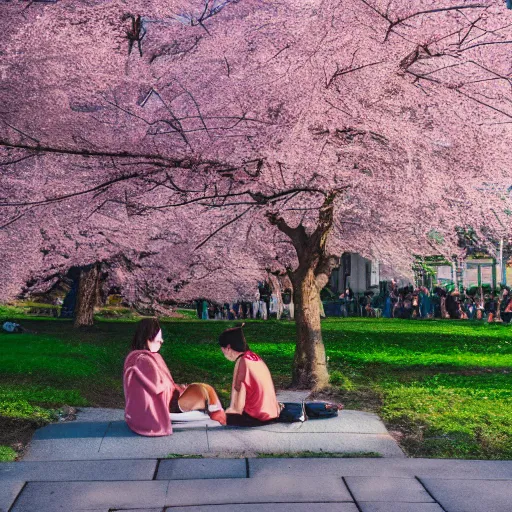 Prompt: 2 friends under the cherry blossom tree during dawn. photography, canon, 8 k, octane